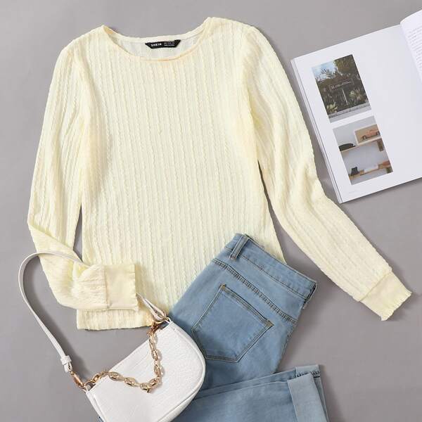 

Frilled Cuff Cable Knit Top, Beige