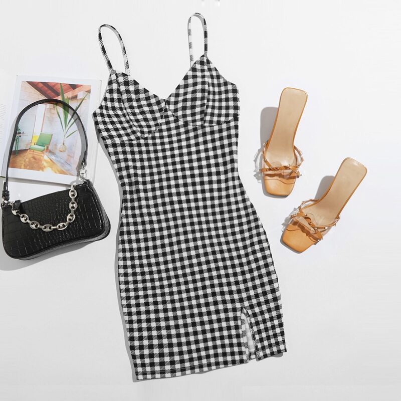 

Gingham Pattern Split Dress, Black and white