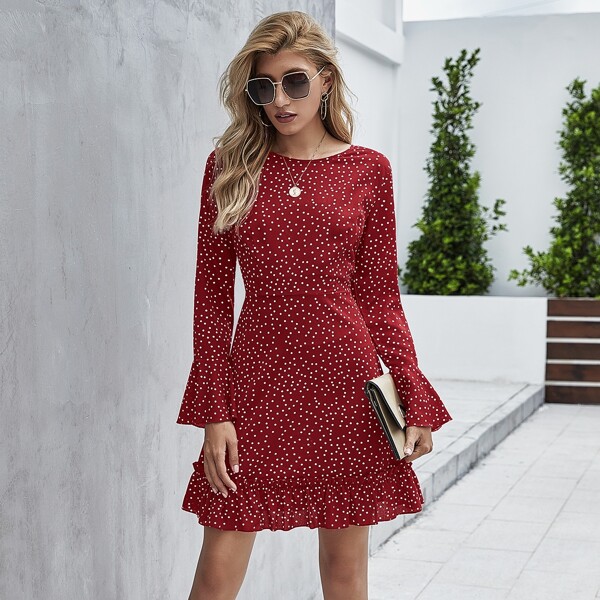 

Ruffle Hem Frill Trim Polka Dot Dress, Red