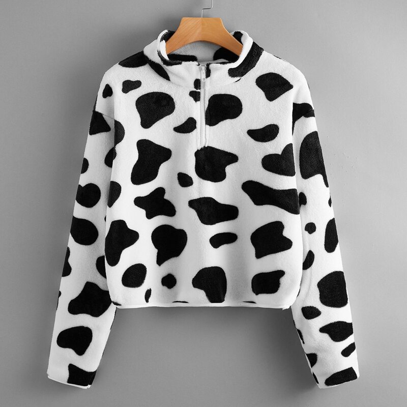 

Cow Print Half Zip Sweatshirt, Black and white