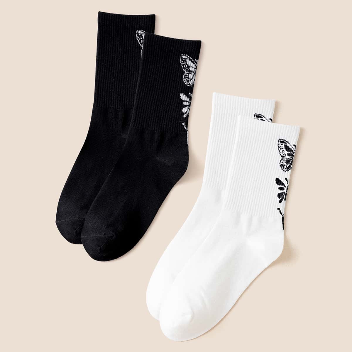 

2pairs Butterfly Pattern Socks, Black and white