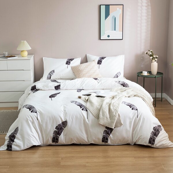 

Leaf Print Bedding Set Without Filler, White