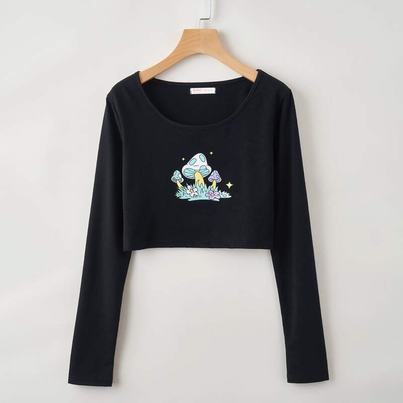 

Mushroom Graphic Crop Tee, Black