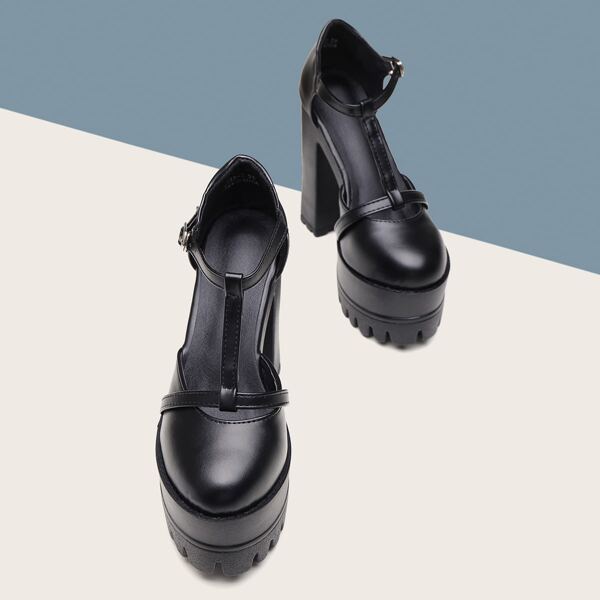 

Minimalist Platform T-strap Chunky Pumps, Black