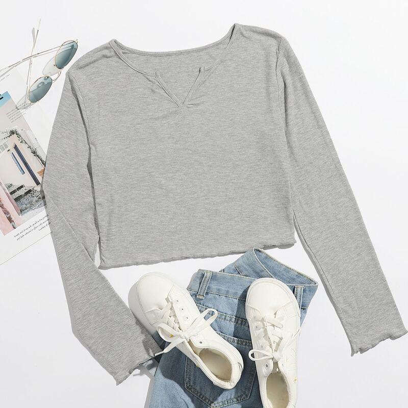 

Notch Neck Lettuce Trim Crop Tee, Grey