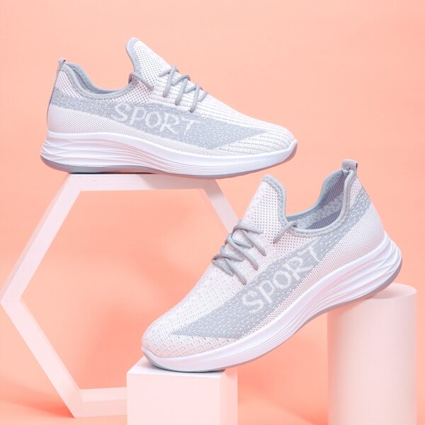 

Lace Up Decor Letter Graphic Knit Sneakers, Grey