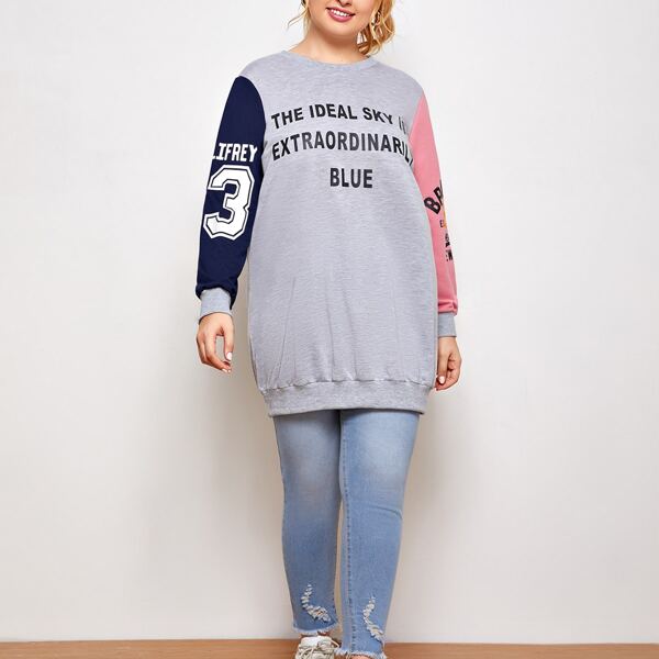 

Plus Color Block Slogan Graphic Longline Sweatshirt, Light grey