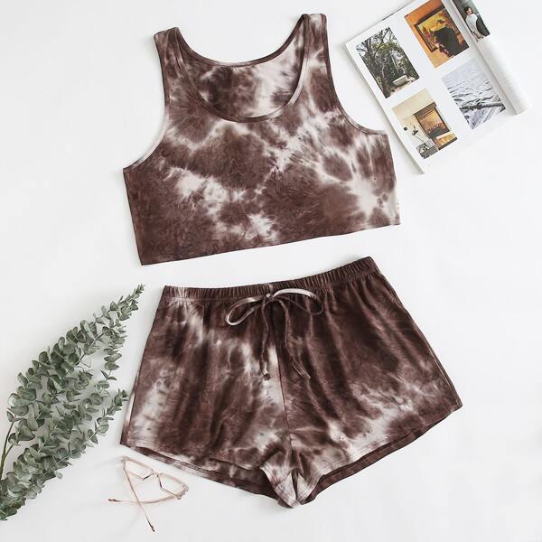 

Plus Tie Dye Tank Top & Tie Front Shorts Pajama Set, Chocolate brown