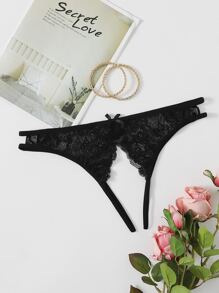 Plus Floral Lace Crotchless Thong, Open Crotch Sexy Thong - Black - View 1