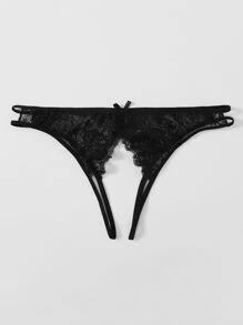 Plus Floral Lace Crotchless Thong, Open Crotch Sexy Thong - Black - View 2