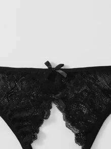 Plus Floral Lace Crotchless Thong, Open Crotch Sexy Thong - Black - View 4