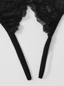 Plus Floral Lace Crotchless Thong, Open Crotch Sexy Thong - Black - View 5
