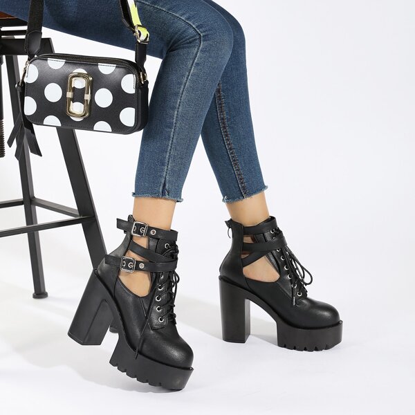 

Eyelet Buckle Decor Lace-up Front Chunky Boots, Black