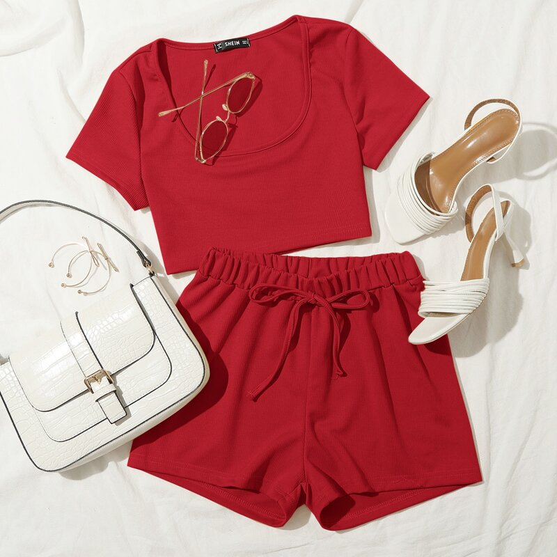 

Scoop Neck Crop Tee & Tie Waist Shorts Set, Red bright