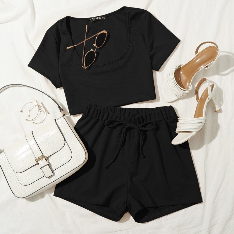 

Scoop Neck Crop Tee & Tie Waist Shorts Set, Black