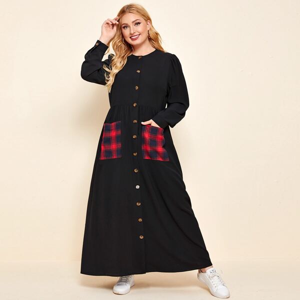 

Plus Plaid Pocket Patched Button Front Dress, Black