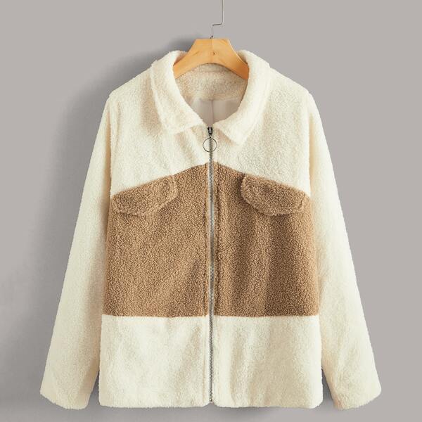 

Color Block O-ring Zip Up Teddy Coat, Multicolor