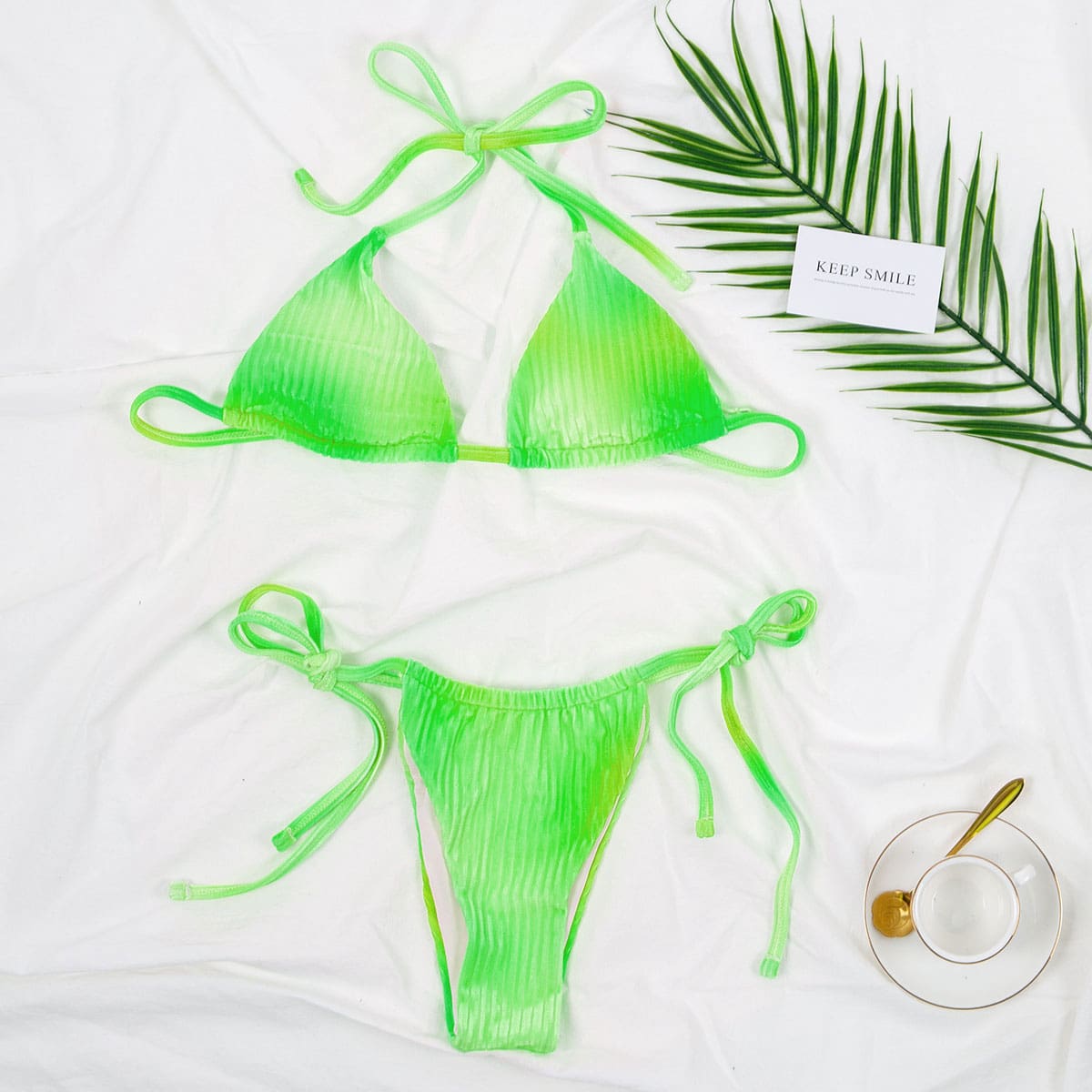 

Neon Lime Tie Dye Velvet Triangle Bikini Swimsuit, Neon lime green
