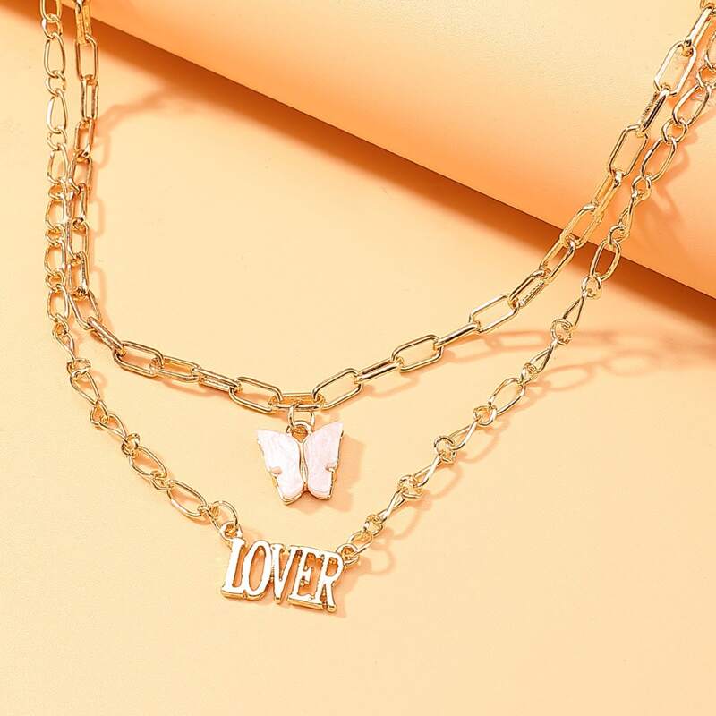 

Butterfly & Letter Layered Necklace, Gold