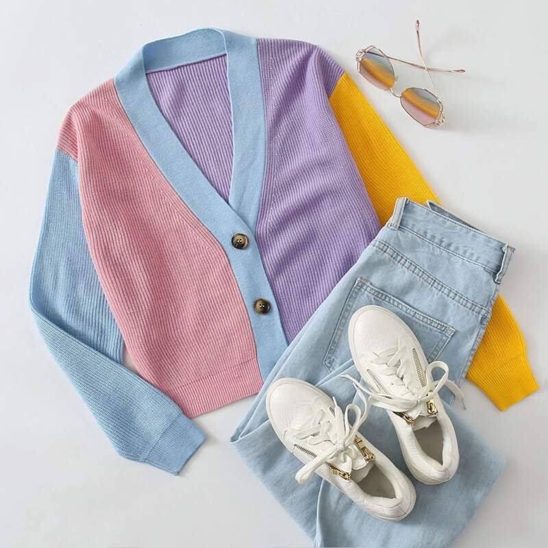 

Button Placket Colorblock Cardigan, Multicolor