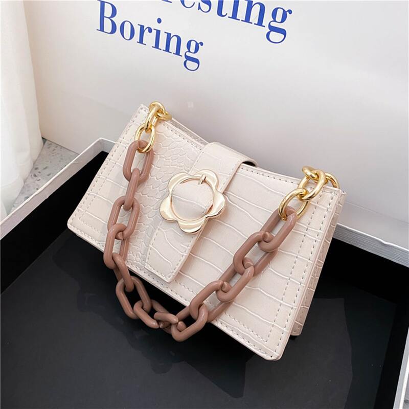 

Croc Embossed Chain Baguette Bag, Beige