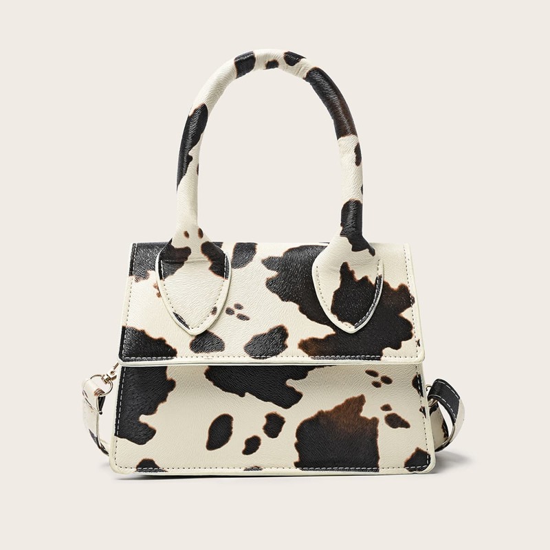 

Cow Print Satchel Bag, Black and white