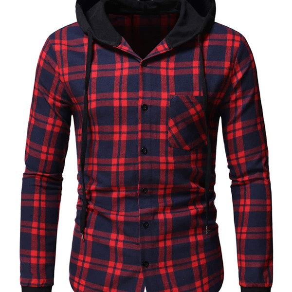 

Men Tartan Pocket Front Hooded Flannel Shirt, Multicolor