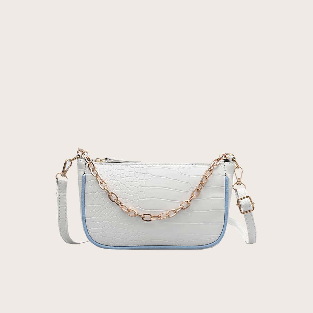 

Croc Embossed Chain Baguette Bag, White