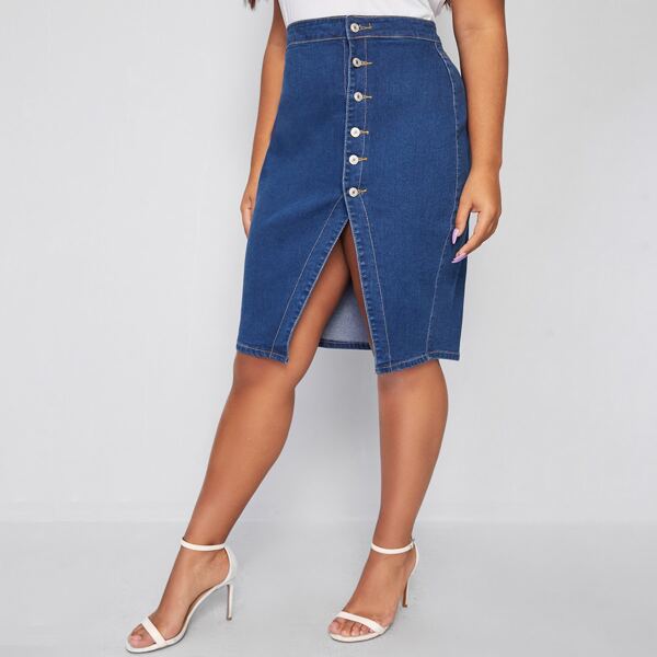 

Plus Button Front Denim Skirt, Dark wash