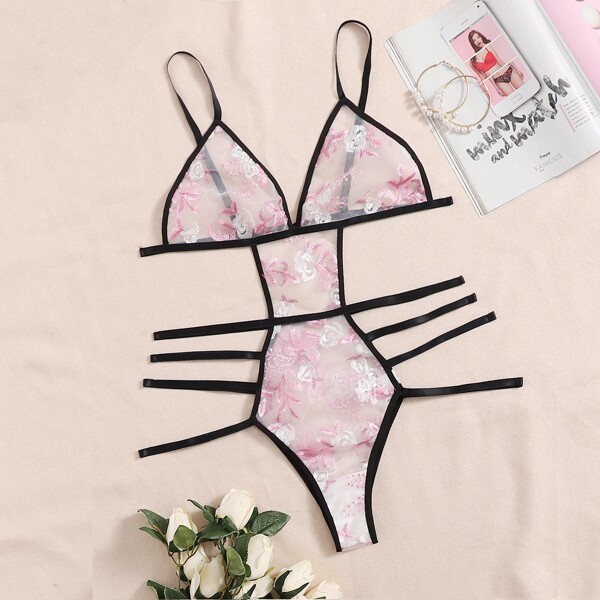 

Plus Embroidered Mesh Cut-out Teddy Bodysuit, Multicolor