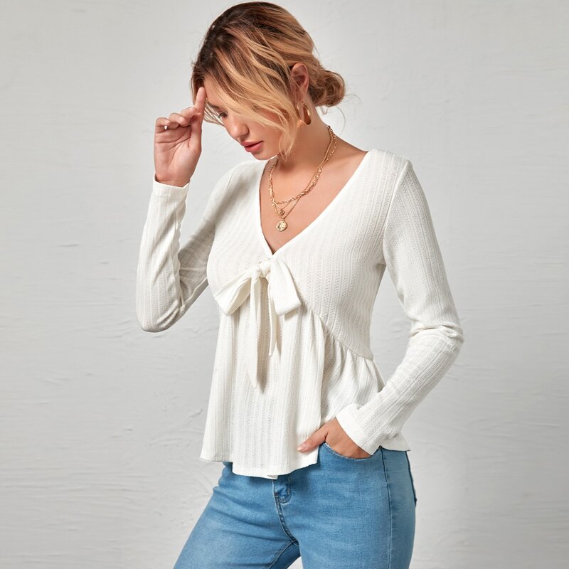 

Tie Front Ruffle Hem Tee, White