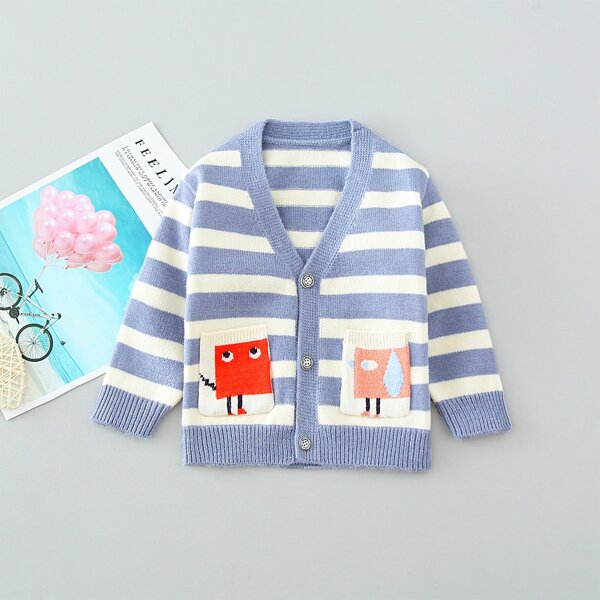 

Toddler Girls Cartoon Graphic Pocket Striped Cardigan, Blue and white