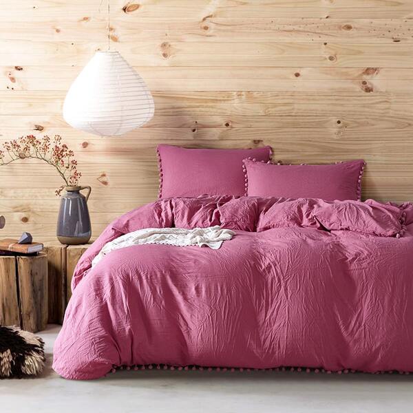 

Solid Pom Pom Bedding Set Without Filler, Rose red