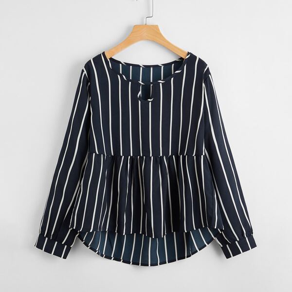 

Vertical Striped Keyhole Front Peplum Blouse, Navy blue