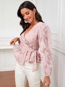 SHEIN LUNE Textured Floral Print Self-Tie Wrap Top - Baby Pink - View 3