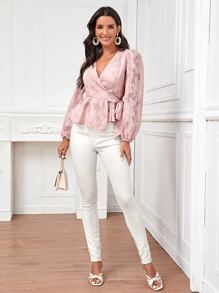 SHEIN LUNE Textured Floral Print Self-Tie Wrap Top - Baby Pink - View 5