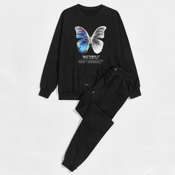 

Men Butterfly & Letter Graphic Sweatshirt With Sweatpants, Black