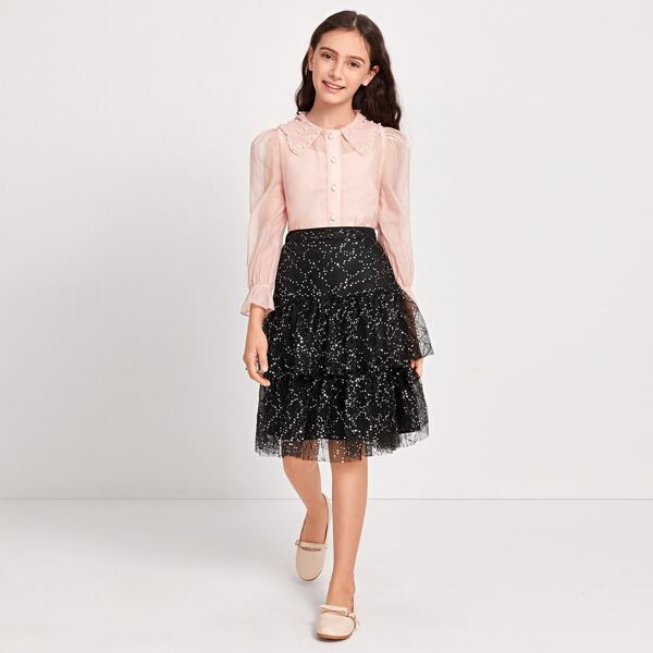 

Girls Pearls Ruffle Cuff Blouse & Sequin Mesh Tiered Skirt Set, Multicolor
