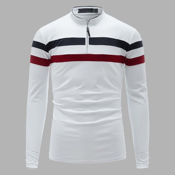 

Men Zip Half Striped Polo Shirt, White
