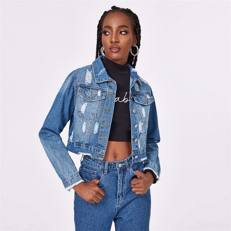 

Destroyed Button Front Crop Denim Jacket, Medium wash