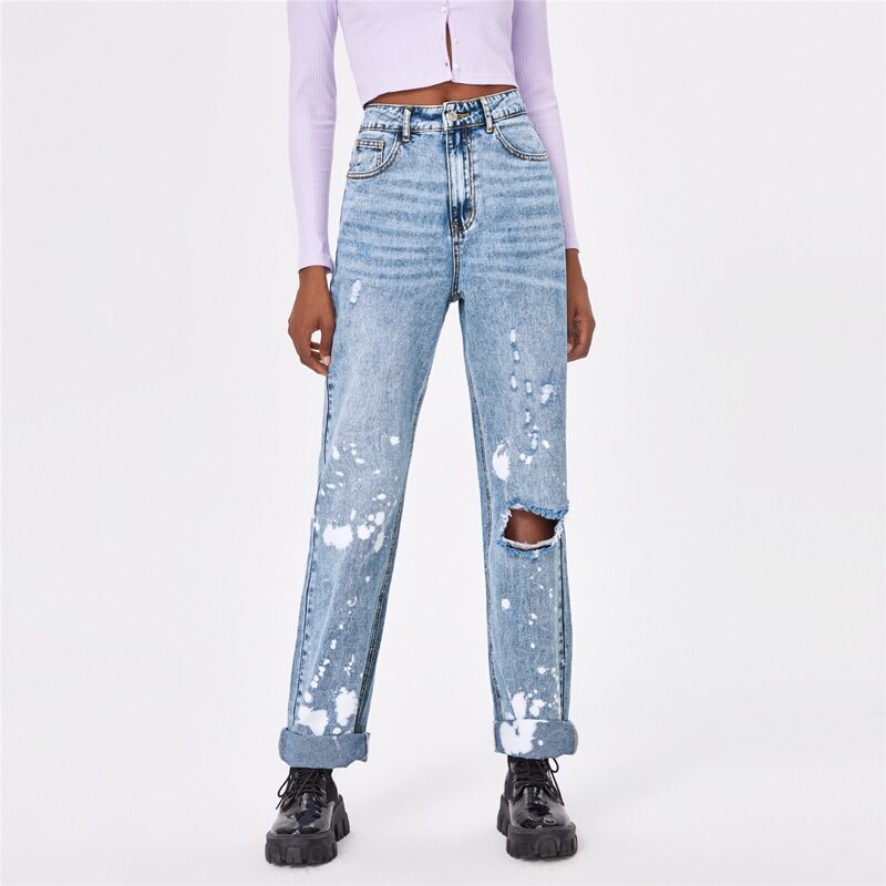 

Splash Ink Print Ripped Jeans, Light wash