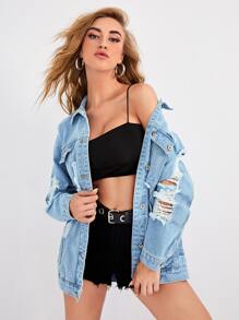 Distressed Longline Denim Jacket - Light Wash - View 1