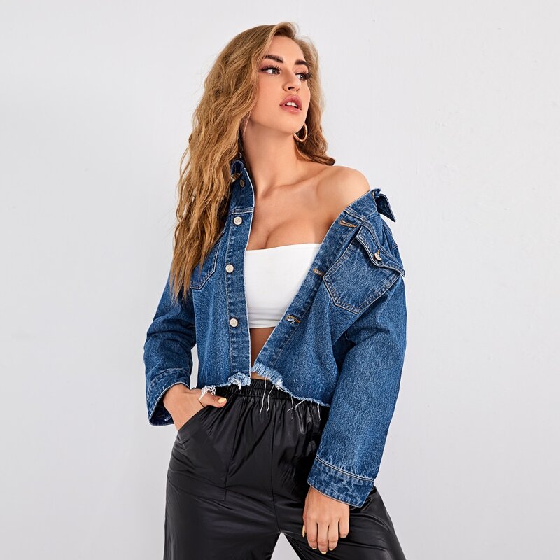 

Button Front Raw Hem Denim Jacket, Dark wash