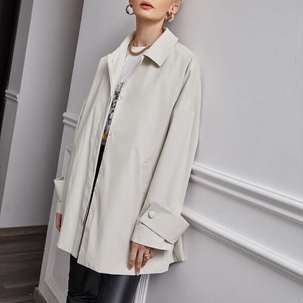 

Drop Shoulder Button Front Oversized Coat, Beige