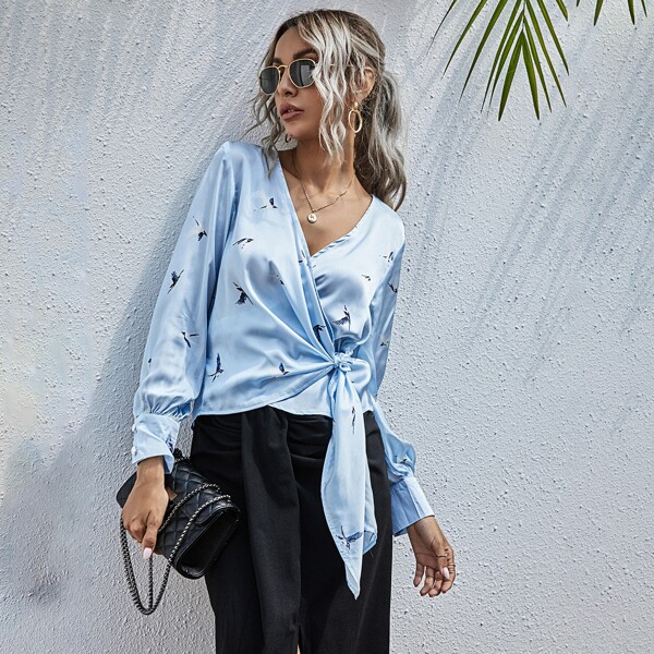 

Crane Print Tie Side Wrap Blouse, Baby blue