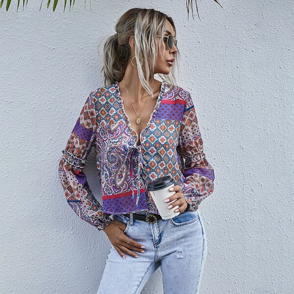 

Frill Trim Paisley Print Blouse, Multicolor