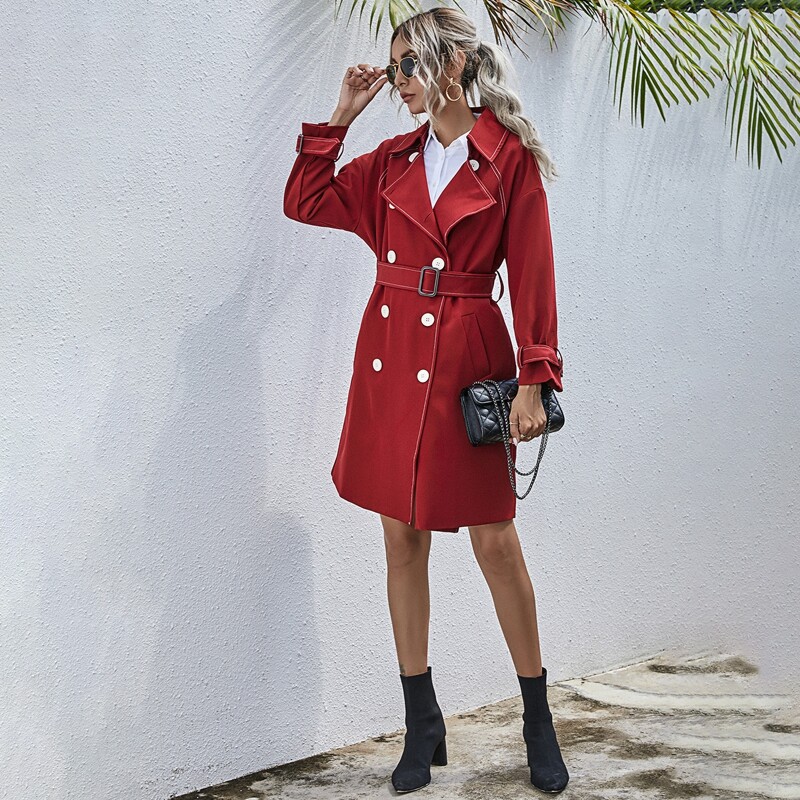 

Lapel Collar Contrast Topstitching Belted Trench Coat, Red