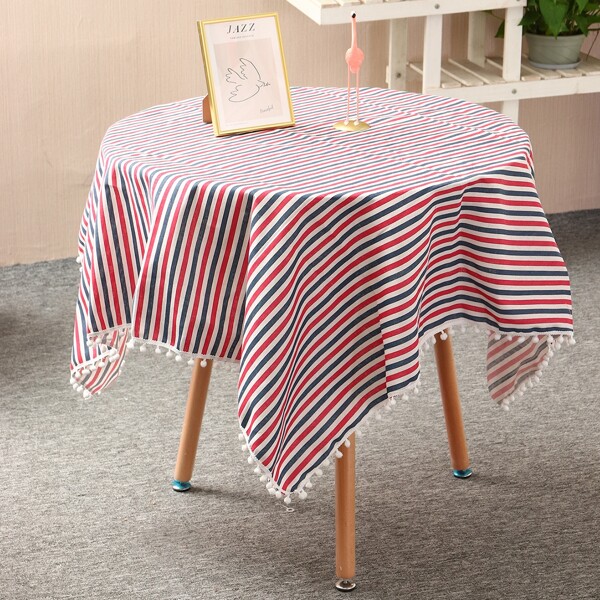 

Striped Pattern Pom Pom Decor Tablecloth, Multicolor