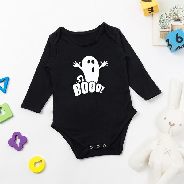 

Baby Unisex Halloween And Letter Print Bodysuit, Black