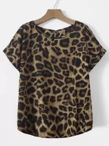 SHEIN LUNE Plus Leopard Print Rolled Dolman Sleeve Top - Multicolor - View 1